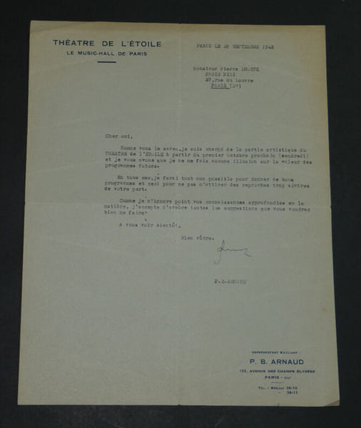 P. B. ARNAUD. Lettre dactylographi&eacute;e sign&eacute;e, &agrave; Pierre LHOSTE. Repr&eacute;sentant exclusif du Th&eacute;&acirc;tre de l'&Eacute;toile, 1943. P. B. ARNAUD