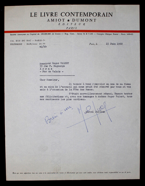 Marcel JULLIAN, &Eacute;crivain - TAPUSCRIT SIGN&Eacute; DE REMERCIEMENTS A Roger VALUET, 1960. Marcel JULLIAN