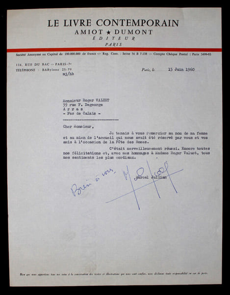 Marcel JULLIAN, &Eacute;crivain - TAPUSCRIT SIGN&Eacute; DE REMERCIEMENTS A Roger VALUET, 1960. Marcel JULLIAN