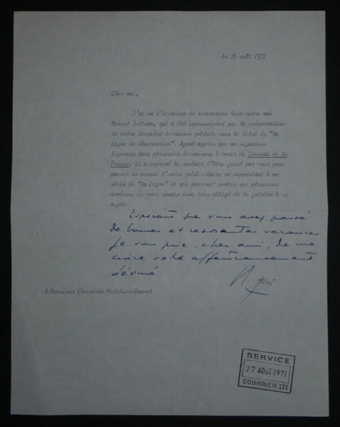 Colonel REMY - LETTRE TAPUSCRITE ET AUTOGRAPHE SIGN&Eacute;E &agrave; Christian BONNET, 1971. Colonel R&eacute;my (Gilbert Renault)
