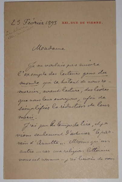 DE TINSEAU L&eacute;on, LETTRE AUTOGRAPHE SIGN&Eacute;E, Le Parrain d'Annette, Th&eacute;r&egrave;se Bentzon 1893. L&eacute;on de Tinseau