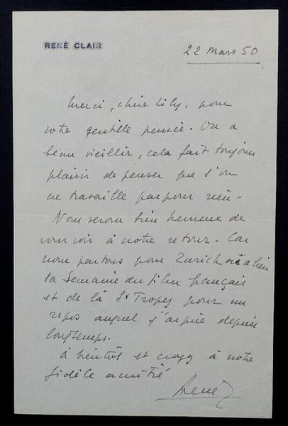 Ren&eacute; CLAIR - LETTRE AUTOGRAPHE SIGN&Eacute;E &Agrave; Lily, 1950. Ren&eacute; Clair