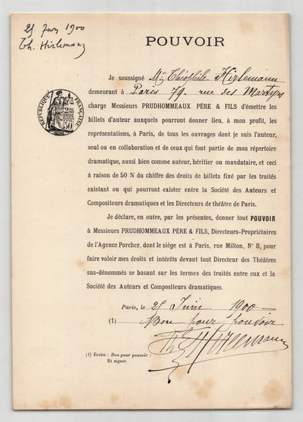 Pouvoir sign&eacute; Th&eacute;ophile Hirlemann – Collection de 50 auteurs & musiciens. Th&eacute;ophile Hirlemann