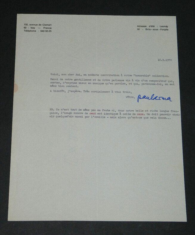 Paul ARMA - Compositeur - LETTRE DACTYLOGRAPHI&Eacute;E SIGN&Eacute;E &Agrave; Pierre LHOSTE - 1970. Paul ARMA