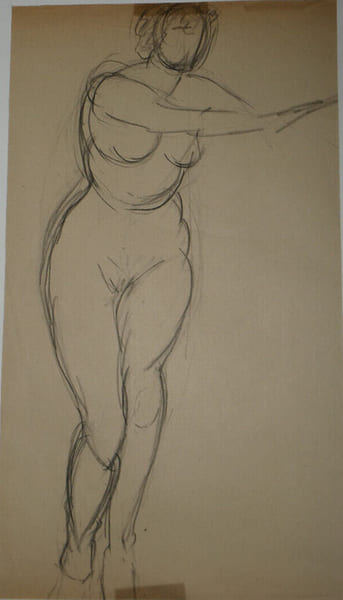 GEORGES CHESNEAU - NU ACAD&Eacute;MIQUE - Dessin au crayon - Femme de face nu en pied - CURIOSA. Georges Chesneau
