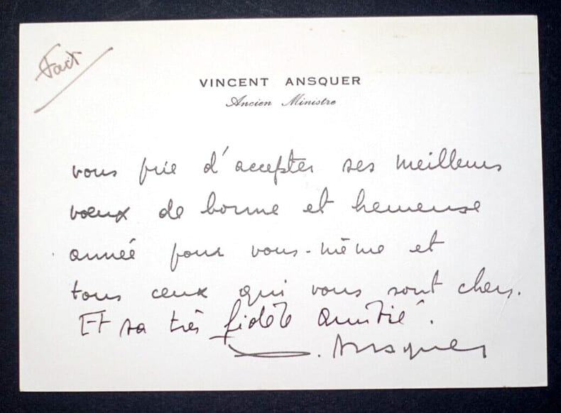 Vincent ANSQUER, Homme politique - CARTE DE VOEUX AUTOGRAPHE SIGN&Eacute;E. Vincent ANSQUER