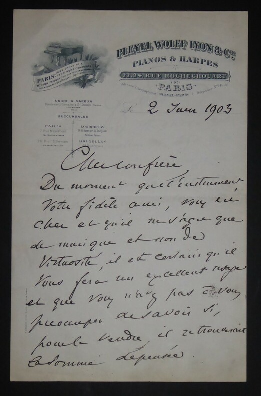 PFEIFFER Georges - LETTRE AUTOGRAPHE SIGN&Eacute;E, PLEYEL WOLF ET COMPAGNIE 1903. Georges Pfeiffer