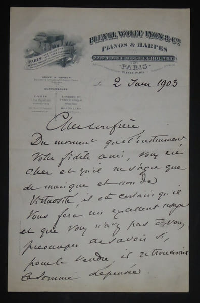 PFEIFFER Georges - LETTRE AUTOGRAPHE SIGN&Eacute;E, PLEYEL WOLF ET COMPAGNIE 1903. Georges Pfeiffer
