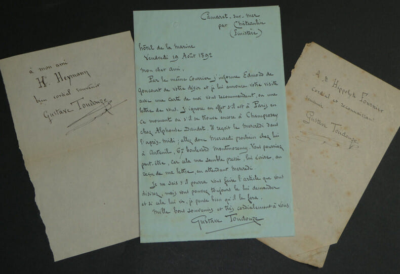 Gustave TOUDOUZE - Trois lettres autographes sign&eacute;es - Alphonse DAUDET, Edmond de GONCOURT. Gustave TOUDOUZE