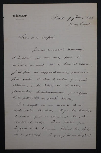 L&eacute;on SAY, Homme politique - LETTRE AUTOGRAPHE SIGN&Eacute;E, 1886. L&eacute;on SAY