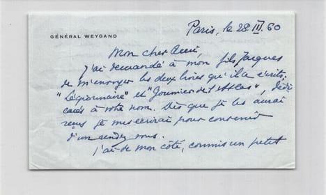Général Maxime WEYGAND - Lettre autographe signée - Paris - 1960. Général Maxime WEYGAND