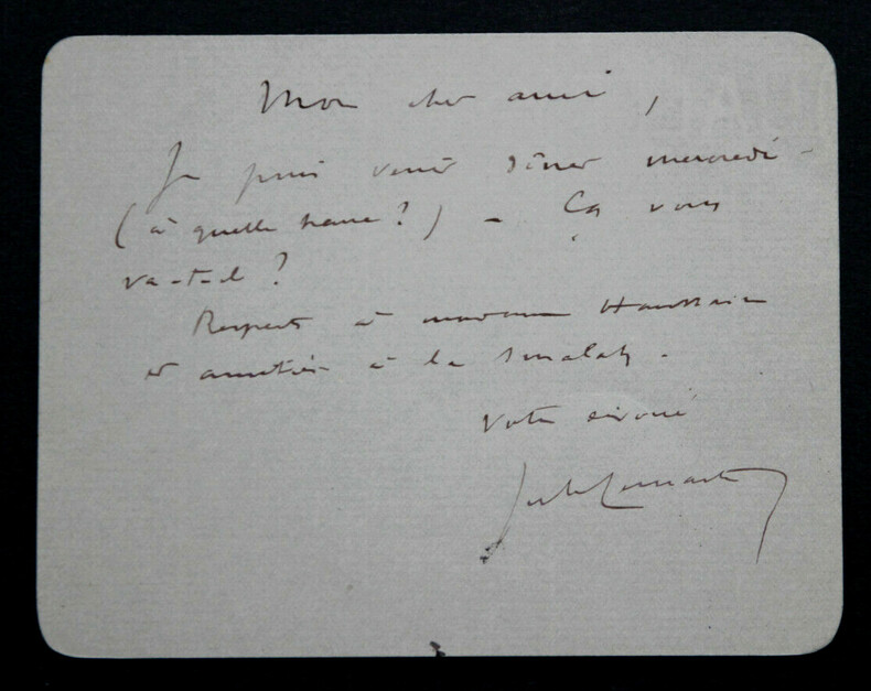 Jules LEMA&Icirc;TRE - Lettre autographe sign&eacute;e sur carte. Jules Lema&icirc;tre