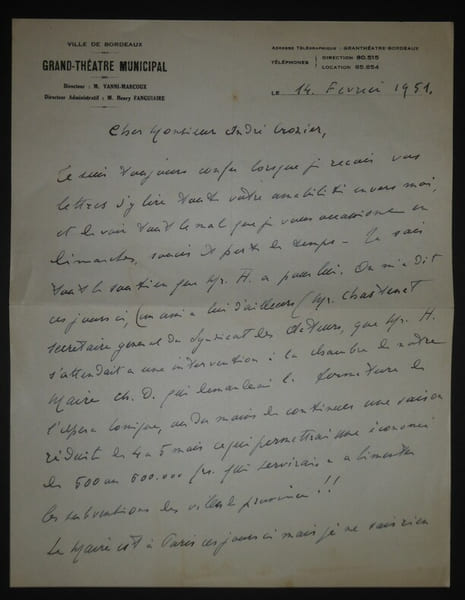 VANNI MARCOUX Giovanni LETTRE AUTOGRAPHE SIGN&Eacute;E, GRAND TH&Eacute;&Acirc;TRE BORDEAUX 1951. Vanni Marcoux (Giovanni Marcoux)