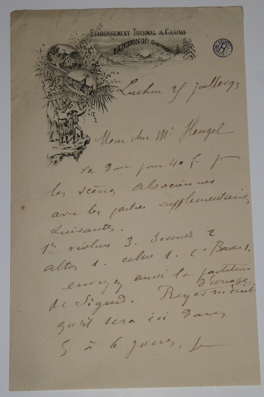 LETTRE AUTOGRAPHE SIGNEE, &Agrave; Henri HEUGEL, THERMES LUCHON 1893. Edouard BROUSTET
