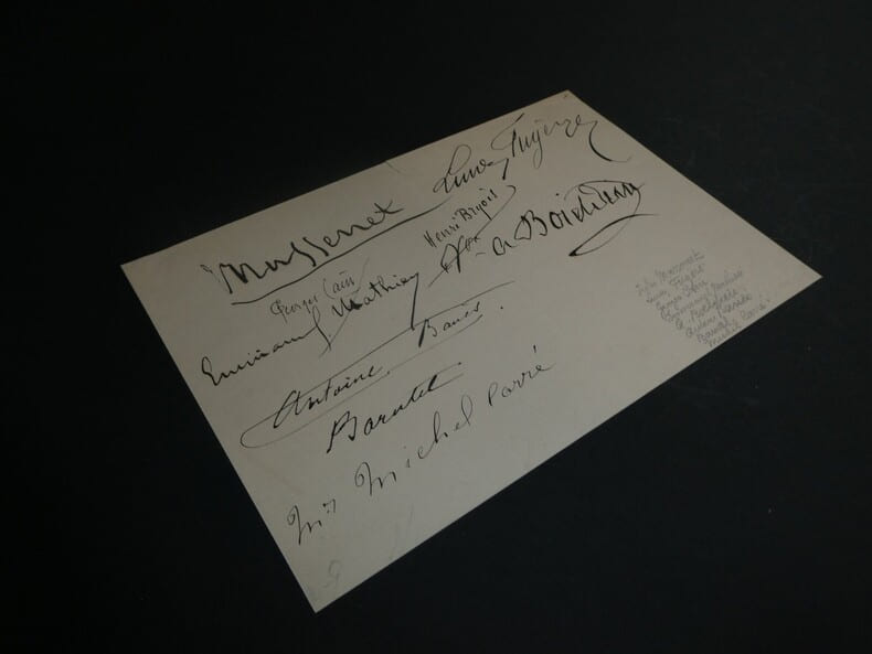Jules Massenet, Fug&egrave;re, Bo&iuml;eldieu, al. - Feuillet avec 9 signatures autographes. Jules Massenet, Lucien Fug&egrave;re, Michel Carr&eacute;, Adrien Bo&iuml;eldieu, ...