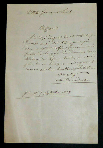 Etienne ARNAL - LETTRE AUTOGRAPHE SIGN&Eacute;E, Paris, 1843. Etienne Arnal