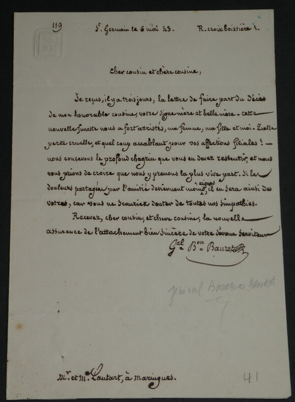 JB Charles BAUROT - BELLE LETTRE AUTOGRAPHE SIGN&Eacute;E de condol&eacute;ances, 1843. Jean-Baptiste Charles BAUROT