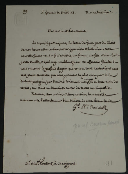 JB Charles BAUROT - BELLE LETTRE AUTOGRAPHE SIGN&Eacute;E de condol&eacute;ances, 1843. Jean-Baptiste Charles BAUROT