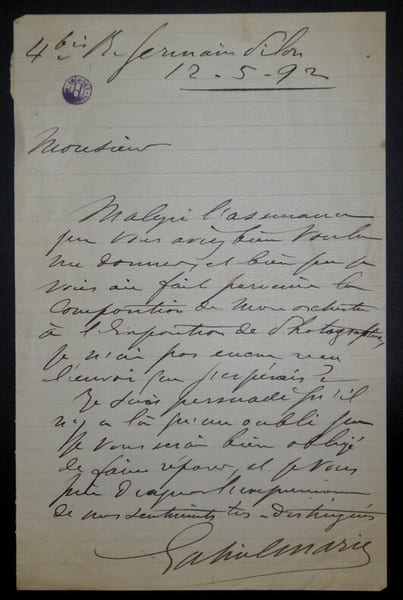 MARIE Gabriel - LETTRE AUTOGRAPHE SIGN&Eacute;E 1892. Gabriel Marie
