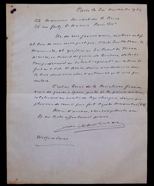 Wilfrid LUCAS - LETTRE AUTOGRAPHE SIGN&Eacute;E &Agrave; Michel DE SAINT-PIERRE, 1962. Wilfrid LUCAS