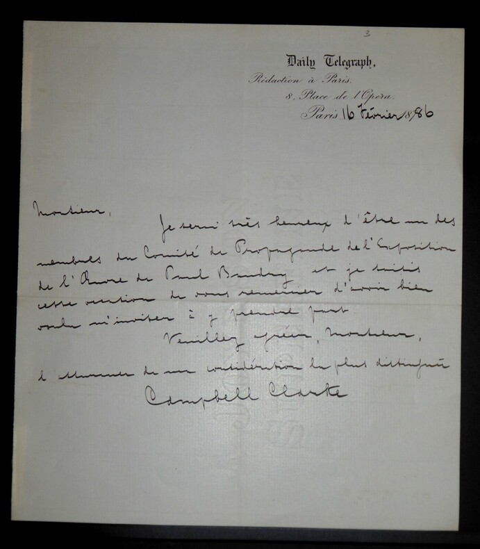 CLARKE Campbell - LETTRE AUTOGRAPHE SIGNEE, PARIS DAILY TELEGRAPH 1886. Campbell Clarke