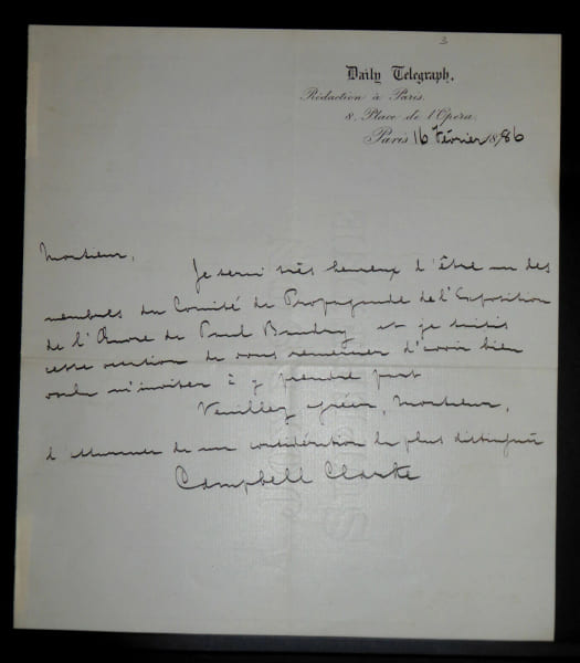 CLARKE Campbell - LETTRE AUTOGRAPHE SIGNEE, PARIS DAILY TELEGRAPH 1886. CLARKE Campbell