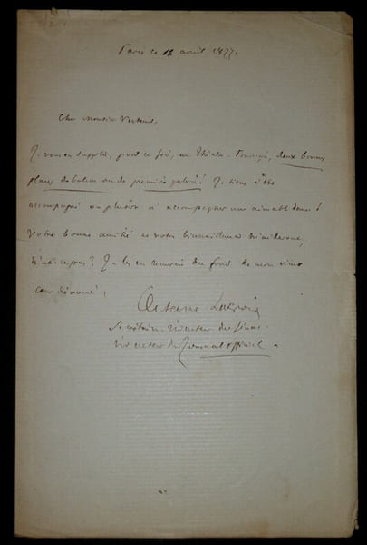 Lettre autographe sign&eacute;e, Paris, 17 avril 1894. Lacroix de Crespel, Octave