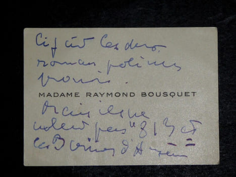BOUSQUET Renée - CARTE DE VISITE AUTOGRAPHE SIGNÉE, ÉPOUSE DE Raymond BOUSQUET. Renée Bousquet