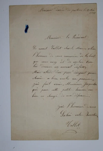 TALBOT Charles Marie - LETTRE AUTOGRAPHE SIGN&Eacute;E, MAISON D'ARR&Ecirc;T DE POITIERS 1861. Charles Marie Talbot