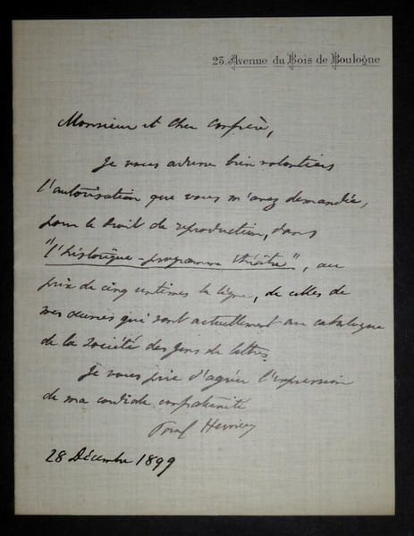 HERVIEU Paul - LETTRE AUTOGRAPHE SIGN&Eacute;E, HISTORIQUE PROGRAMME TH&Eacute;&Acirc;TRE, 1899. Paul Hervieu