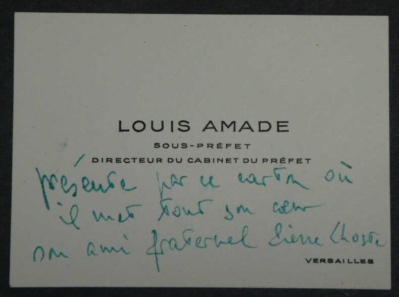 Louis AMADE - CARTE DE VISITE SIGN&Eacute;E "&agrave; son ami fraternel". Louis AMADE