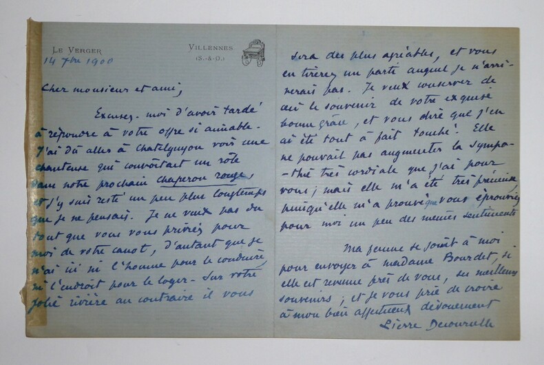 DECOURCELLE Pierre - LETTRE AUTOGRAPHE SIGN&Eacute;E, VILLENNES, SEINE ET OISE 1900. Pierre Decourcelle