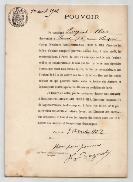 Pouvoir sign&eacute; Th&eacute;o Bergerat – Collection coh&eacute;rente de 50 auteurs & musiciens. Th&eacute;o Bergerat