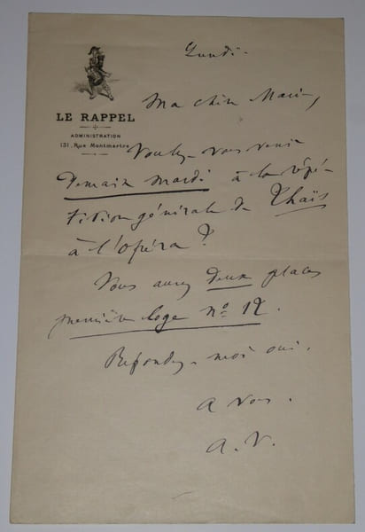LETTRE AUTOGRAPHE SIGN&Eacute;E, LE RAPPEL, ADMINISTRATION. Auguste Vacquerie