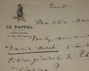 LETTRE AUTOGRAPHE SIGN&Eacute;E, LE RAPPEL, ADMINISTRATION. Auguste Vacquerie