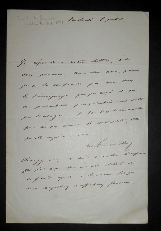DE GIRARDIN Emile - LETTRE AUTOGRAPHE SIGN&Eacute;E , PARIS. Emile de Girardin