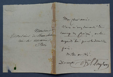 Isidore TAYLOR, dit BARON TAYLOR - LETTRE AUTOGRAPHE SIGNÉE