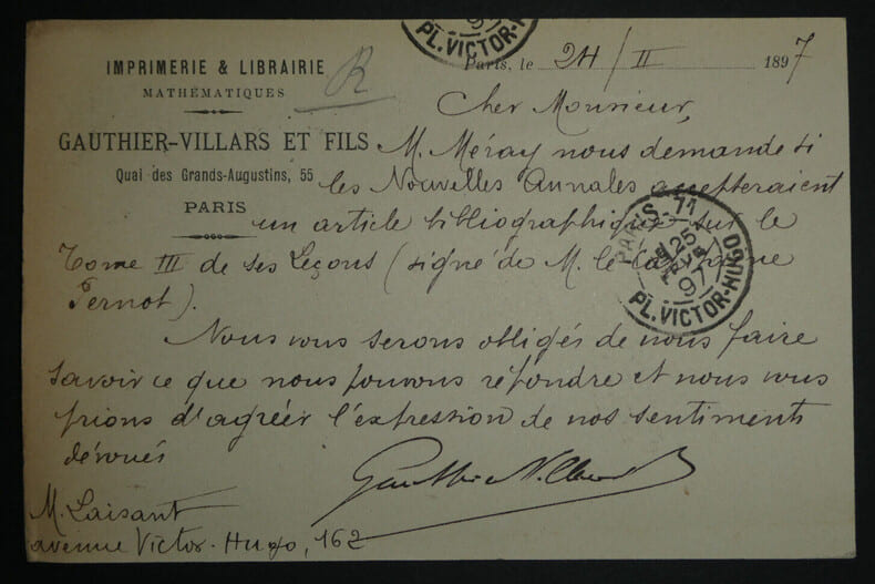 Jean-Albert GAUTHIER-VILLARS - CARTE AUTOGRAPHE SIGN&Eacute;E A Charles-Ange LAISANT. Jean-Albert GAUTHIER-VILLARS