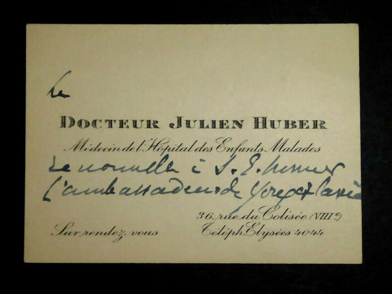 Docteur Julien HUBER - Carte de visite autographe sign&eacute;e - H&ocirc;pital des Enfants Malades. Julien Huber