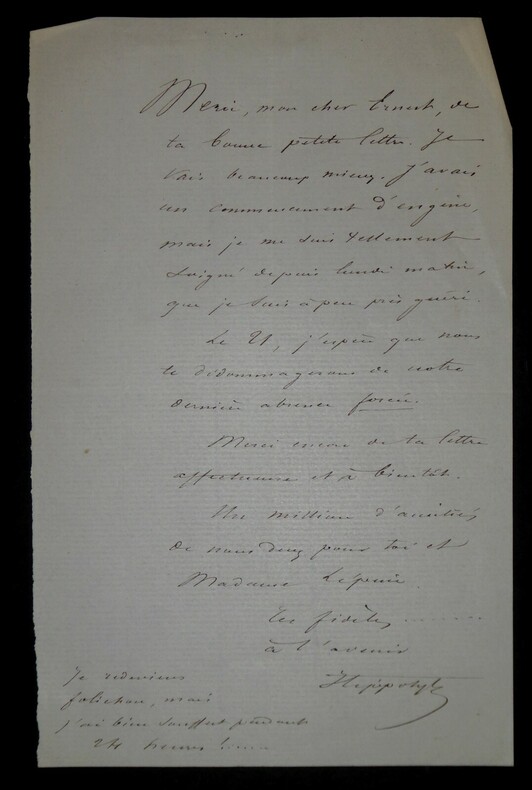 LETTRE AUTOGRAPHE SIGN&Eacute;E, PARIS. Hippolyte Lionnet
