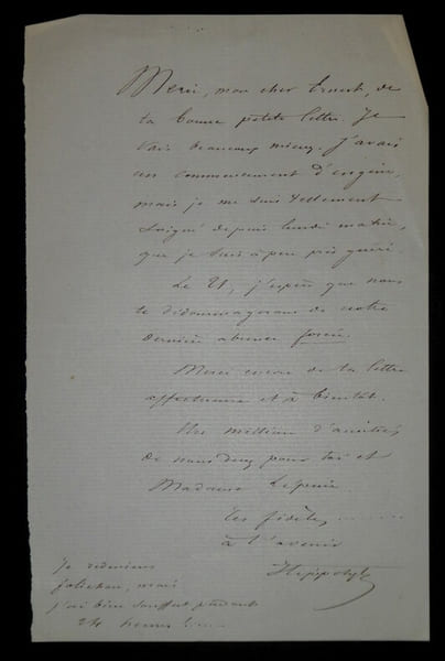 LETTRE AUTOGRAPHE SIGN&Eacute;E, PARIS. Hippolyte Lionnet