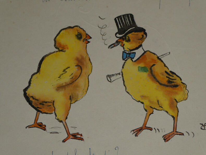 Petite aquarelle humoristique deux Poussins qui discutent, cigare & monocle 1917. 
