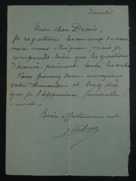 G&eacute;n&eacute;ral SCHILLEMANS - Lettre autographe sign&eacute;e au Caporal Drain 1917 Saint-Brieuc. G&eacute;n&eacute;ral SCHILLEMANS