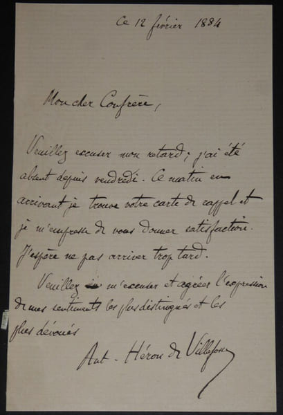 VILLEFOSSE Antoine H&eacute;ron de - LETTRE AUTOGRAPHE SIGNEE, 1884. Antoine H&eacute;ron de Villefosse