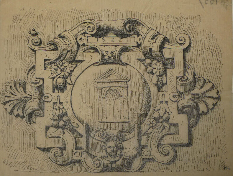 Cartouche surmontant une porte &agrave; Montferrand (Puy-de-D&ocirc;me) - Dessin original sign&eacute;. Louis Henri Laffill&eacute;e