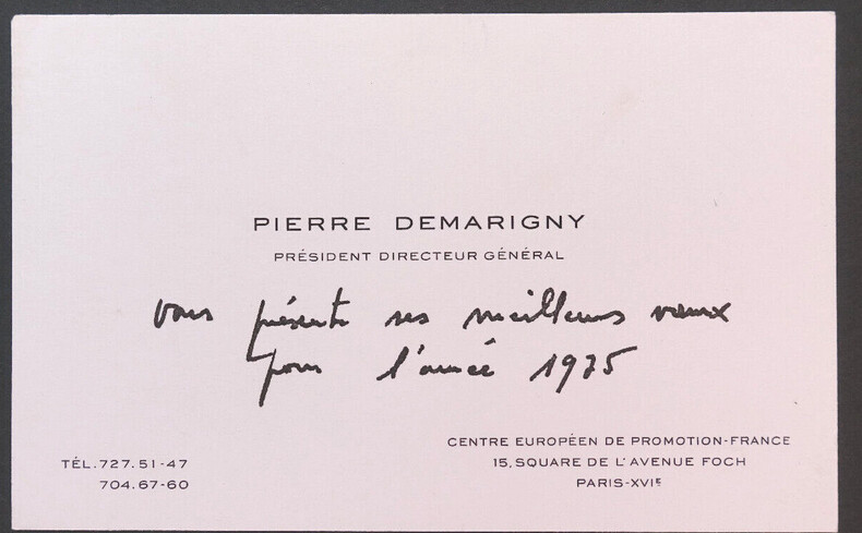 Pierre DEMARIGNY - Carte de visite autographe, 1975. Pierre DEMARIGNY