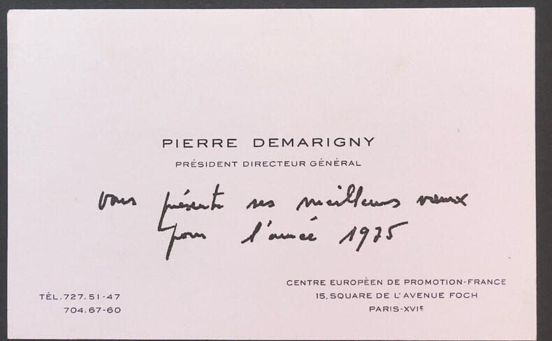 Pierre DEMARIGNY - Carte de visite autographe, 1975. Pierre DEMARIGNY