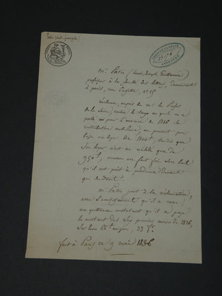 Henri Joseph Guillaume Patin - Pi&egrave;ce autographe - Contribution mobili&egrave;re - 1836. Henri Joseph Guillaume Patin