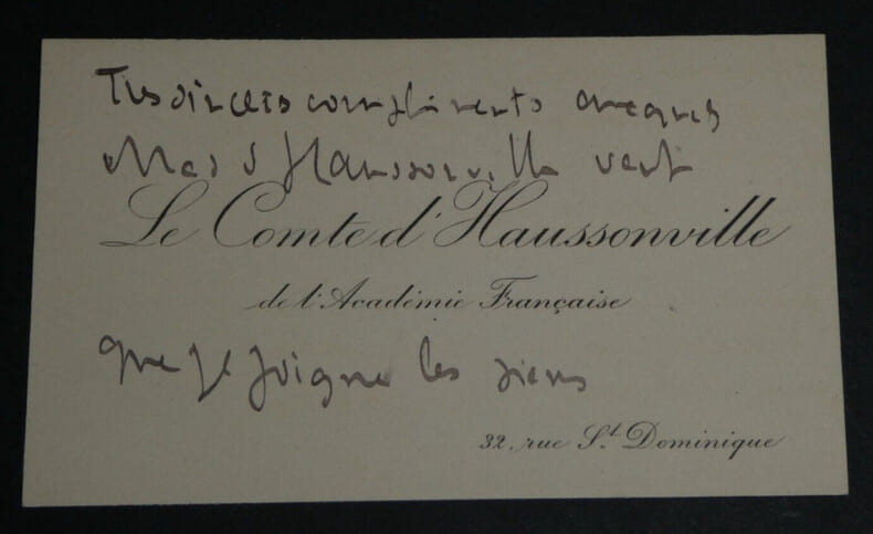 Carte autographe de Paul-Gabriel d'HAUSSONVILLE, Comte d'HAUSSONVILLE. Paul-Gabriel d'Haussonville, Comte d'Haussonville