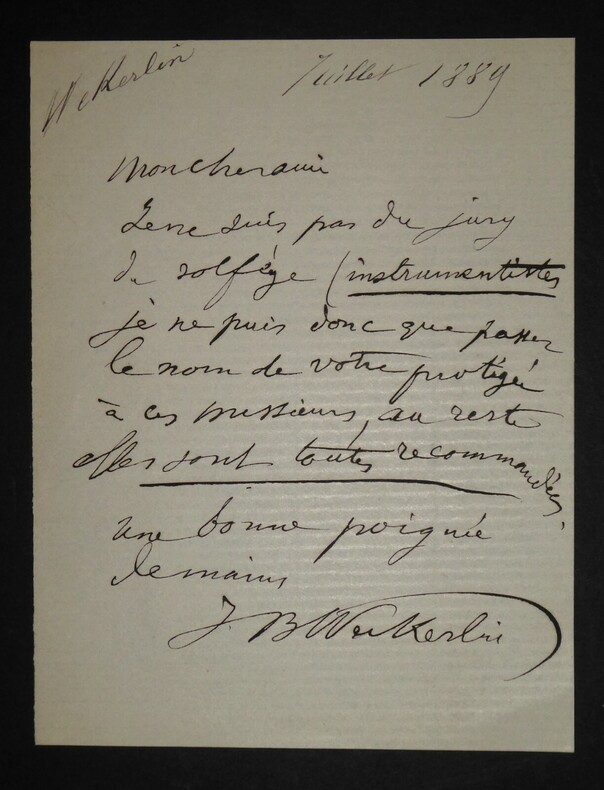 LETTRE AUTOGRAPHE SIGN&Eacute;E, SOLF&Egrave;GE, 1889. Jean-Baptiste Weckerlin